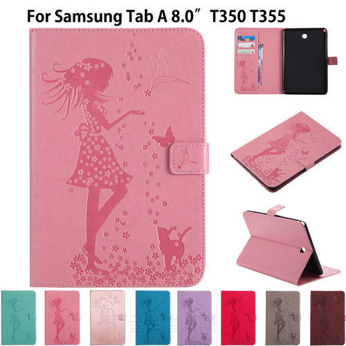 P350 Case For Samsung Galaxy Tab A 8.0 inch SM-T350 T355 SM-T355 Cover Funda Tablet Girl Cat Embossed PU Leather Stand Shell