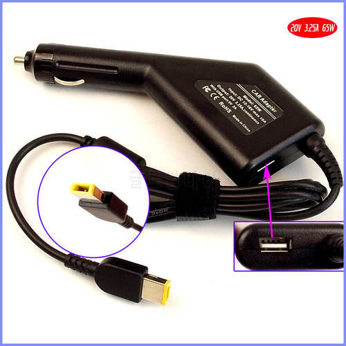 20V 3.25A Laptop Car DC Adapter Charger +USB for Lenovo IdeaPad Y40 S1 S3 S5 G51 300 500 500s U530 V110 V310 X250 Z510 S510p