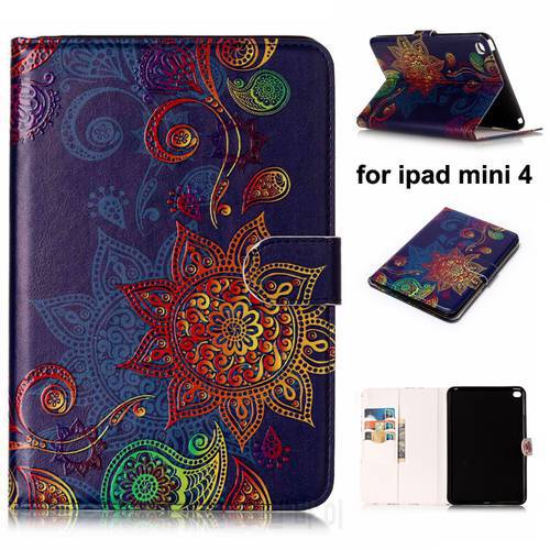 for ipad mini 4 Mini4 iPadmini4 Stand Case Cover Card Slot Money Pocket With Flower Owl Wolf Panda Bear Painting Wallet Bag Skin