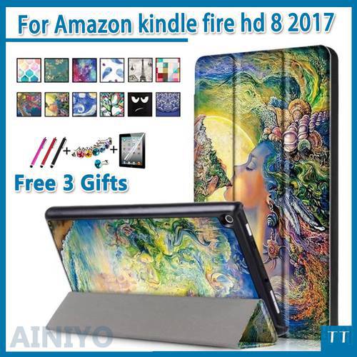 For 2018 New Kindle Fire HD 8 Painted Print PU Leather Flip Smart Cover Case For kindle fire hd8 2017 new