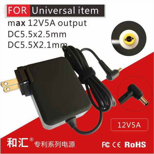 portable 60W 12V5A AC power adapter supply for Universal item, dc5525 dc5521, for DC5.5X2.5mm DC5.5x2.1mm connector