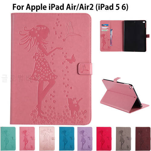 For Apple iPad air air2 Case High quality Girl Cat Embossed PU Leather Flip Stand Case For iPad 5 iPad 6 Cover Funda Skin Shell