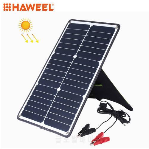 HAWEEL Portable 20W Monocrystalline Silicon Solar Power Panel Charger, with USB Port & Holder & Tiger Clip, Support QC3.0 and AF