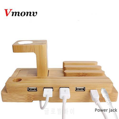 Vmonv Bamboo Wooden 4 in 1 for Apple Watch USB 4 Port Micro HUB Charging Stand Station Dock Platform Cradle Holder for iPhone 8