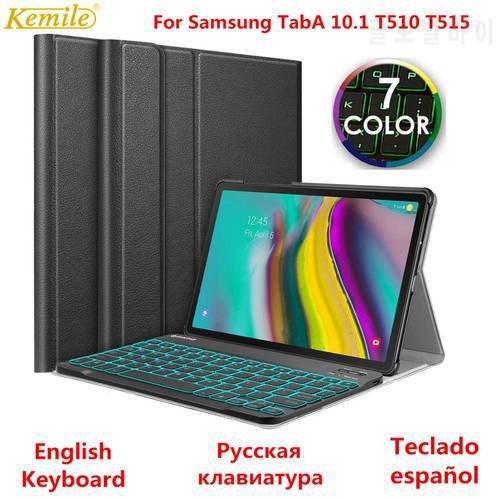 Russian Spanish Case for Samsung Galaxy Tab A 10.1 2019 Keyboard Case T510 T515 SM-T510 SM-T515 Cover 7 Colors Backlit Keyboard