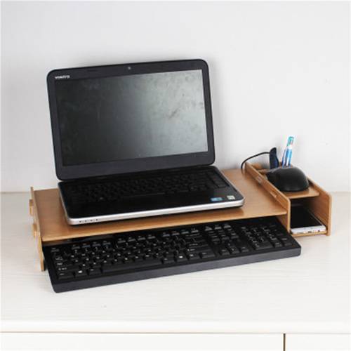 Wooden Laptop Stand Home Office Laptop Stand Notebook Holder Computer Stand Desktop Riser Storage Drawer Organizer 2 Tiers