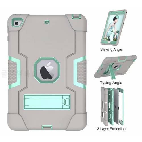 Case For iPad Mini 4 /5 , High Impact Resistant Shockproof Silicon+PC Armor Hybrid Three Layer Stand Cover Case B