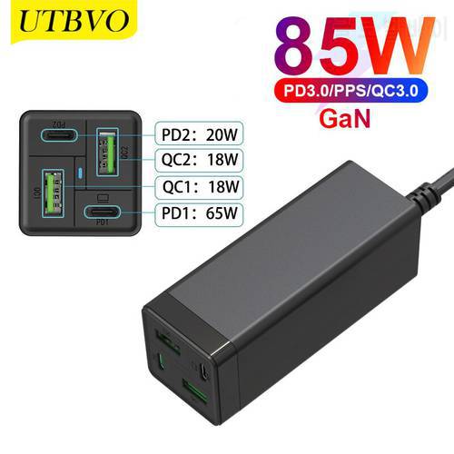UTBVO USB C Charger GaN 85W 4-Port Desktop Charging Station with 2 USB C + USB A Ports For MacBook iPad Pro iPhone Switch Galaxy