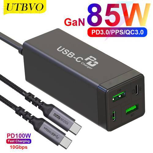 UTBVO 85W 4-Port Desktop Type C Charging Station, USB C PD Power Charger Adapter 2 USB-C & QC 3.0 Ports for iPhone Galaxy Laptop