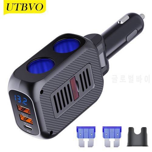 Multi-port USB C Car Charger With 180W Dual Cigarette Lighter Power Socket Splitter QC3.0 Car Adapter LED Display for Smartphone