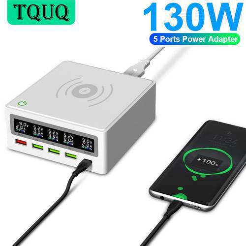 TQUQ 130W 5-Ports Desktop USB Charging Station with LCD Display, QC 3.0 & USB C Charger Hub Wireless Charger for Phone, Tablet