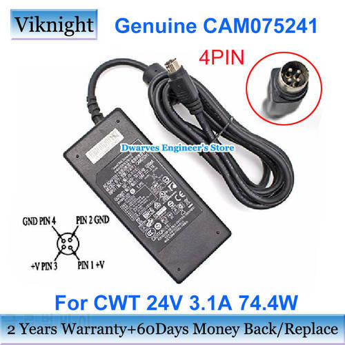 Genuine CAM075241 24V 3.1A AC Adapter 74.4W For CWT Power Supply Charger Round with 4 Pin