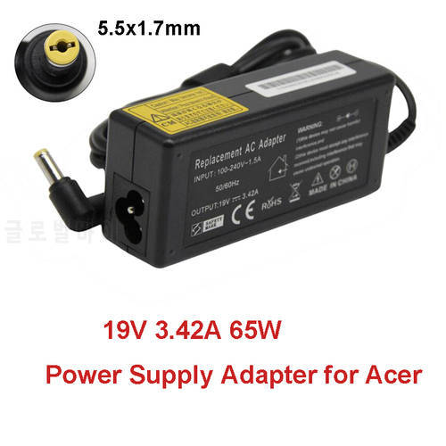 19V 3.42A Laptop Charger Adapter 65W Power Supply Adapter with EU US Plug Cable 5.5x1.7mm Notebook Charger for Acer