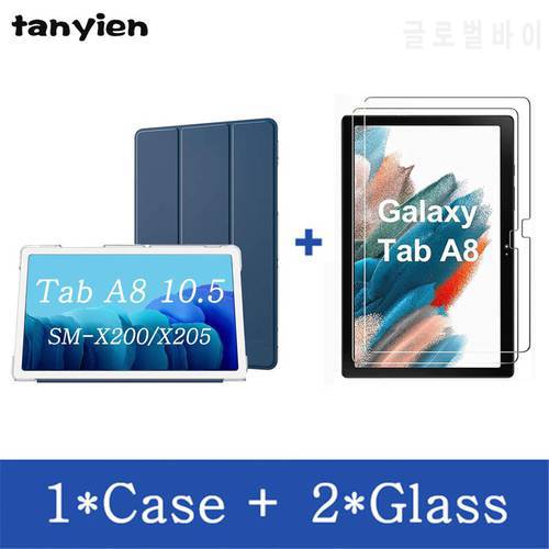 Tablet Case For Samsung Galaxy Tab A8 10.5 2021 SM-X200 SM-X205 X200 X205 Trifold Stand Magnetic Smart Cover + Tempered Glass