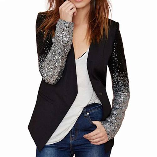 HOT Long Sleeve Lapel Silver Black Sequin Elegant Slim Women Work Blazers Suit Ladies New Spring Autumn Thin Jacket Coat