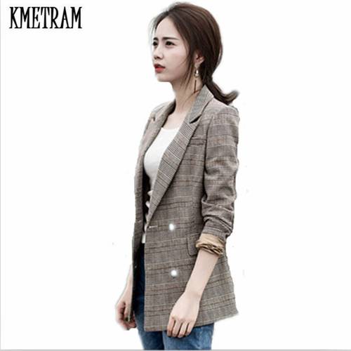 KMETRAM 2020 Spring Autumn Fashion Plaid Blazer Feminino Suit Women Blazer Slim Double Breasted Work Design Coat jackets HH575