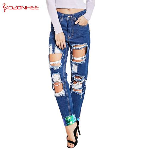 Loose Sequins Hole Ripped Jeans Women With High waist Torn Denim Pants Stretch Womens Straight Pencil Pants