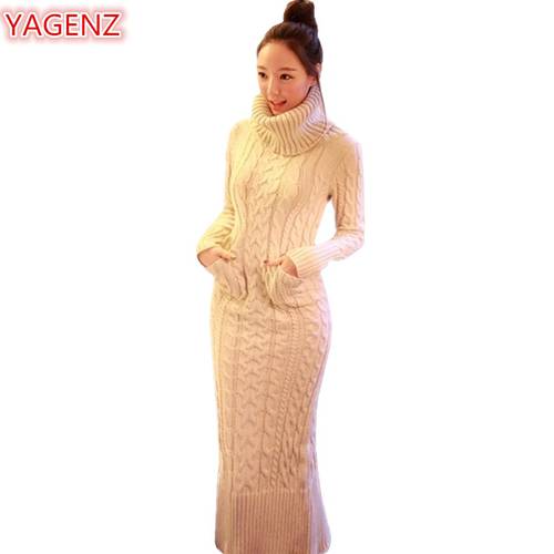 YAGENZ Autumn Winter Womens Clothing Knitting Sweater Dress Fashion Long Section Women High Collar Long Sleeve Sweater Dress 544