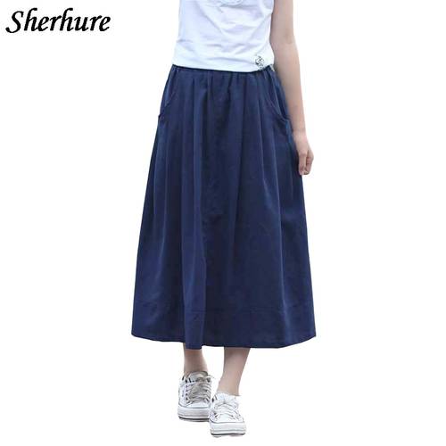 2022 Summer Skirt Women Cotton Linen Vintage Women Midi Skirts Elastic High Waist Pleated Skirts With Pocket Solid Faldas Saias