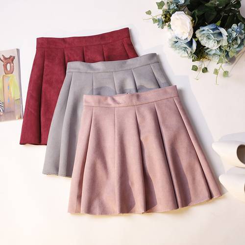 2018 Women Faux Suede Skirt Autumn Winter High Waist Short Umbrella Skirts Ladies A-Line Mini Skirt All Match Pleated Skirt 1093