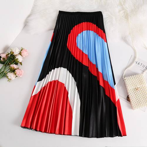 2019 New Summer Streetwear Print Pleated Skirt Fashion Panelled high waist skirts women Slim A-Line Party Club Skirt Female M617