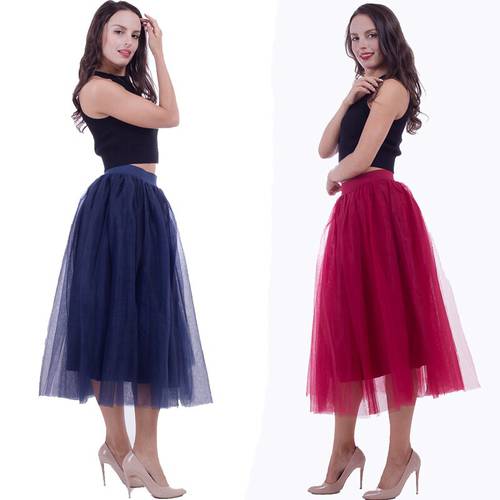 80 cm Sweet Princess Tutu Tulle Skirt for Women Elastic Faldas High Waist Midi Mid-Caft Mesh Yarn Skirts Saia Jupe