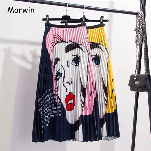 Marwin 2019 New-Coming Spring Summer Europen Printing Cartoon Pattern High Elasticity Pleated High Street A-line Women Skirts