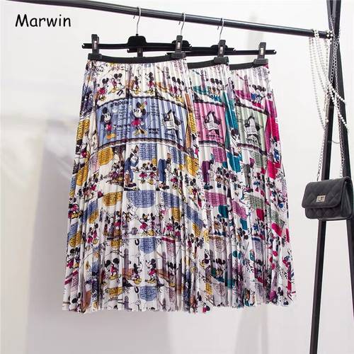 Marwin New-Coming Summer Catroon Printing Women Skirts Mid-Calf Pleated Skirt European High Street Style Empire Summer Skirts
