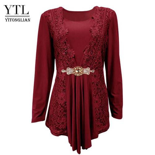 YTL Plus Size Women Blouse Elegant Diamond Lace Tunic Top Casual Vintage Tops Long Sleeve Shirt Red Black XXL XXXL 4XL 8XL H025