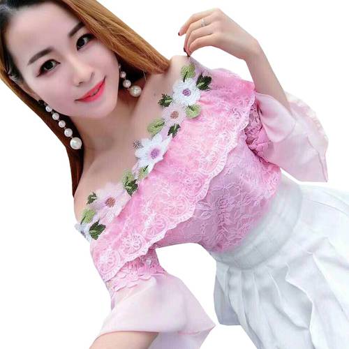 2018 Women Summer Mesh Shirt Sweet Floral Lace Blouse Female Slash Neck Short Sleeve Blouses Blusas Bottoming Short Tops AB848
