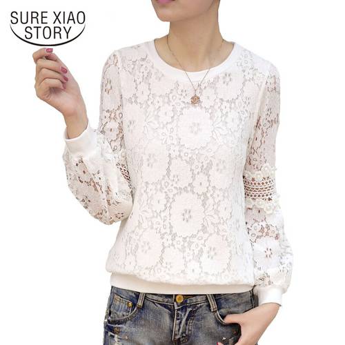 New 2019 Beading Lace Women Shirt Blouse White Casual Long Sleeve Women&39s Clothing O-neck Hollow Lace Women Tops Blusas D249 30