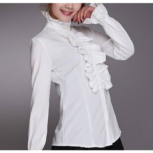 Victorian Women Long Puff Sleeves OL Shirt High Neck Frilly Ruffle Shirt Blouses