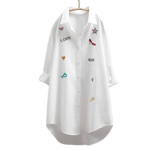 2022 Autumn New 100% Cotton Women Letter Embroidery White Shirts Office Lady Long Loose Casual Blouse Outwear Tops