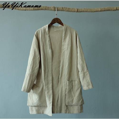 Women Vintage Trench Autumn 2018 New Cotton Linen Soft Pocket Long Solid Color Cardigan Loose Casual Ladies Tops