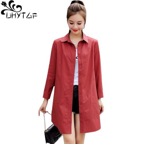UHYTGF Fashion Autumn Trench Coat For Women Single-Breasted Thin Loose Big Size Outerwear Casual Lady Long Windbreaker Coat 320