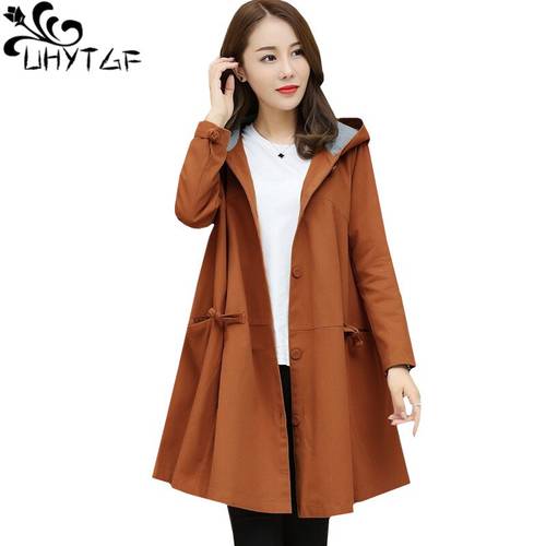 UHYTGF Loose Thin Oversized Coat Women Korean Fashion Spring Autumn Trench Coat Female Hooded Elegant Temperament Lady Coats 324