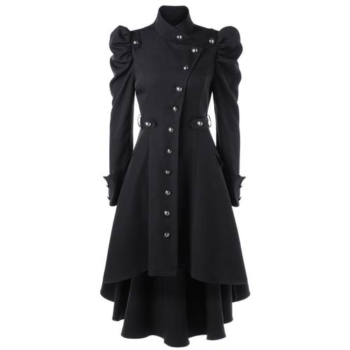 2018 XXXL Trench Coat Stand Collar Slim Fashion Long Medieval Trench Woolen Coat Women Winter Black Stand Collar Gothic