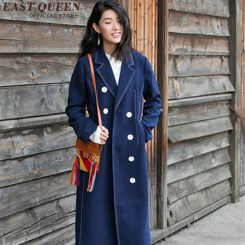 Vintage style woman jacket 2019 autumn double breasted overcoat fashion casual windbreaker dark blue long coat KK1707 HQ