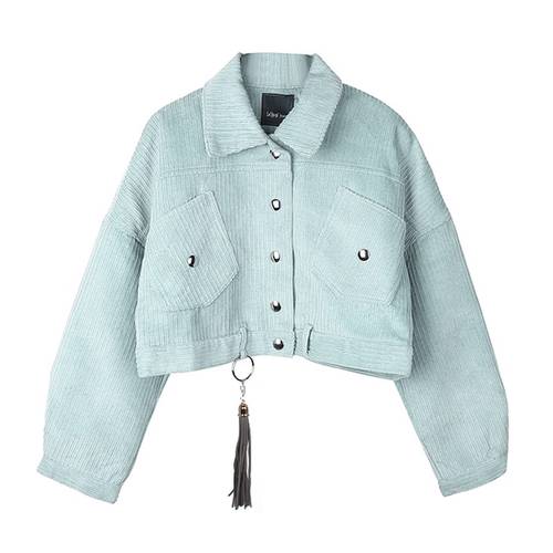 PERHAPS U Women Corduroy Jacket Pocket Winter Autumn Outerwear Button Tassel Black Gray Blue C0043