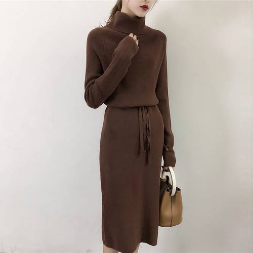 Loose Sweater Long Dress Women Autumn Winter Hole Long Pullover Knitted Dress Warm Sweaters Pull Lace Up Jumpers oversize