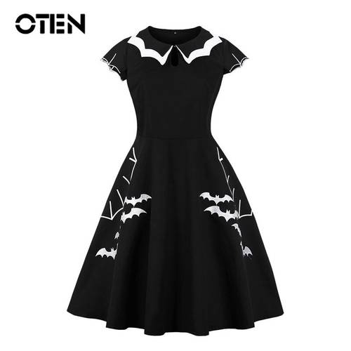 OTEN Plus Size Vintage 2019 Women Cap Sleeve Bat Embroidery Retro Rockabilly Pin up Skater Swing Black Halloween Party dresses