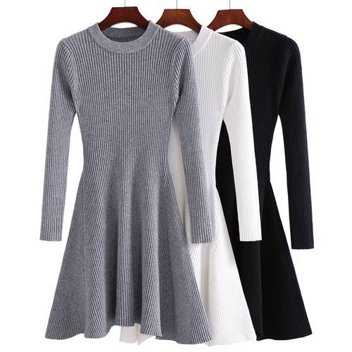 Robe Femme A Line Thick Sweater Winter Dress Women Knit Dress Warm Autumn Pullovers Long Sleeve A-Line O Neck Fitness Dress