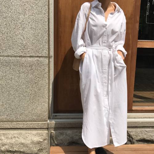 LANMREM 2023 New Spring Fashion Tide White Turn-down Collar Long Sleeve Single Breasted Pockets Sashes Woman Dress SA991