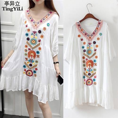 TingYiLi Embroidery Bohemian Beach Dress Vintage Floral Ethnic Women Dress Summer Black Red Beige Blue White Short Dress