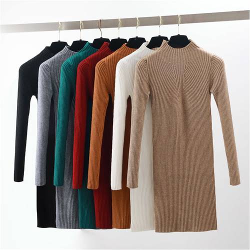 2018 Autumn Winter Warm Knitted Dress Women Half High Neck Long Sleeve Pencil Casual Mini Bodycon Sweater Dress Plus Size