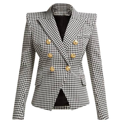 HIGH QUALITY New Fashion 2022 Designer Blazer Women&39s Long Sleeve Metal Lion Buttons Houndstooth Print Blazer Jacket