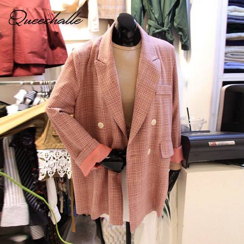 S - XXL Pink Color Women Blazer Spring Autumn Notched Collar Office Lady Formal Blazer Coat Long Sleeve Loose Plaid Suit Jacket
