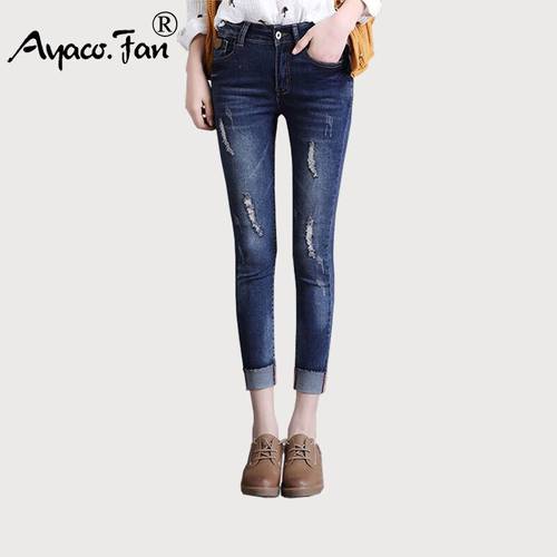 New Slim Mid Waist Skinny Jeans Female Cuffs Vintage Black Blue Ankle-Length Pencil Pants Women Jeans 26-34 Size for Summer
