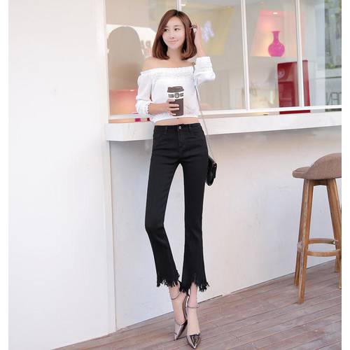 AS48 Pantalones Mujer Casual Pocket Jeans Denim Ninth Trousers Plus Size High Waist Flare Jeans Tassel Pants