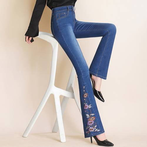 2023 Brand sell well high waist embroidery micro-horn jeans women cowboy trousers thin wide leg denim flares Pants 26~32